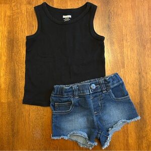 Toddler Girls Outfit Set | 2T–3T | Denim Shorts & Black Ribbed Tank | Garanimals